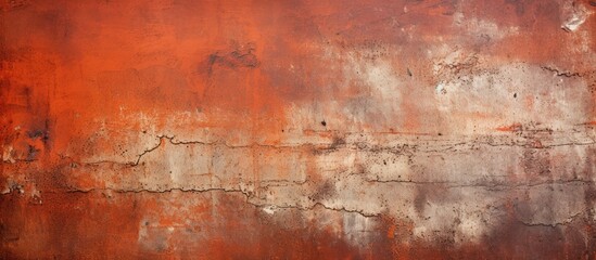 Weathered metal background with burnt red paint showing scratches and spots, featuring a textured surface with subtle gray and orange hues.