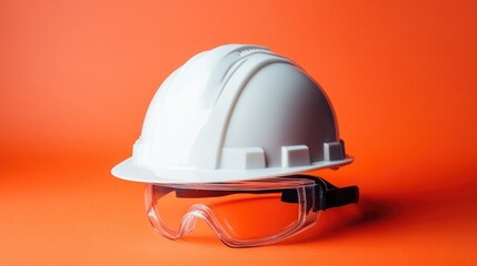 Fototapeta premium Hard hat and safety goggles stacked on a bright orange background