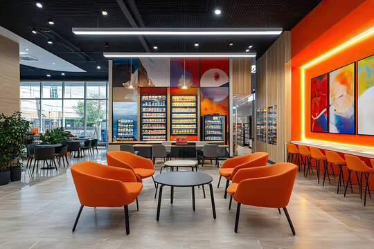 Family friendly food court with tables in a new shopping mall. Empty cafe tables. Generated by artificial intelligence