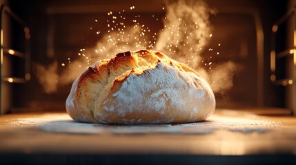 Freshly baked loaf of bread is being cooked in an oven, with a lot of steam rising from it. The bread is golden brown and has a crispy crust, indicating that it has been baked to perfection