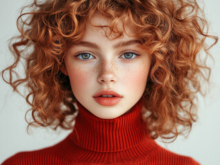 Fototapeta premium Young woman with curly red hair in turtleneck sweater