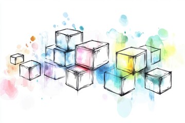 Obraz premium A vibrant watercolor illustration featuring various transparent cubes, blending colors and shapes, ideal for creative design projects and artistic inspiration.