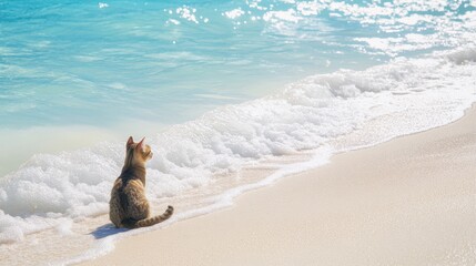 Tranquil Beach Scene: Cat Gazes at Gentle Ocean Waves on Sunny Shoreline