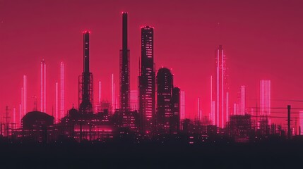 Fototapeta premium High-rise factory structures in bold silhouette standing against a pink neon city glow