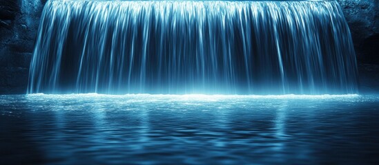 Serene waterfall with luminous blue cascading water flowing into a tranquil shallow pool reflecting soft light in a peaceful natural landscape