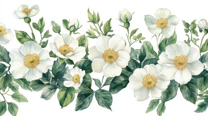 A watercolor illustration of white flowers with green leaves, ideal for decor or design.