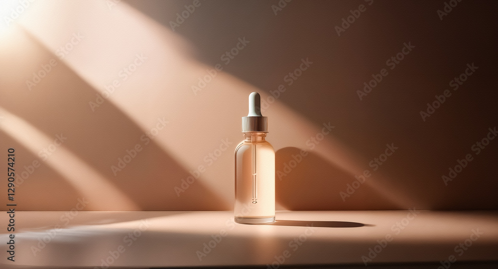 Poster a bottle with a dropper stands bathed in soft light, casting gentle shadows against a neutral backdr