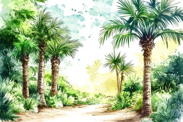 A vibrant watercolor landscape showcasing lush palm trees and greenery, inviting viewers to explore the serene and tranquil beauty of nature.