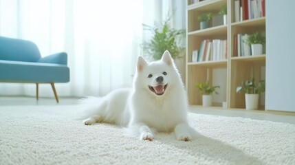 Fluffy White Dog Relaxing in Bright Modern Living Room with Soft Light and Cozy Decor