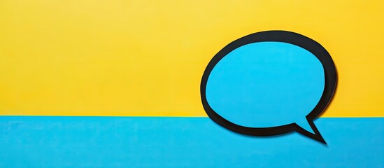 Handmade black speech bubble on vibrant yellow and blue background with pop art style, ideal for text placement and creative designs.