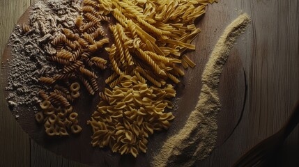 An Artful and Rustic Exhibit Showcasing Vibrant Array of Diverse Pasta Varieties Paired with Flour on Wooden Surface