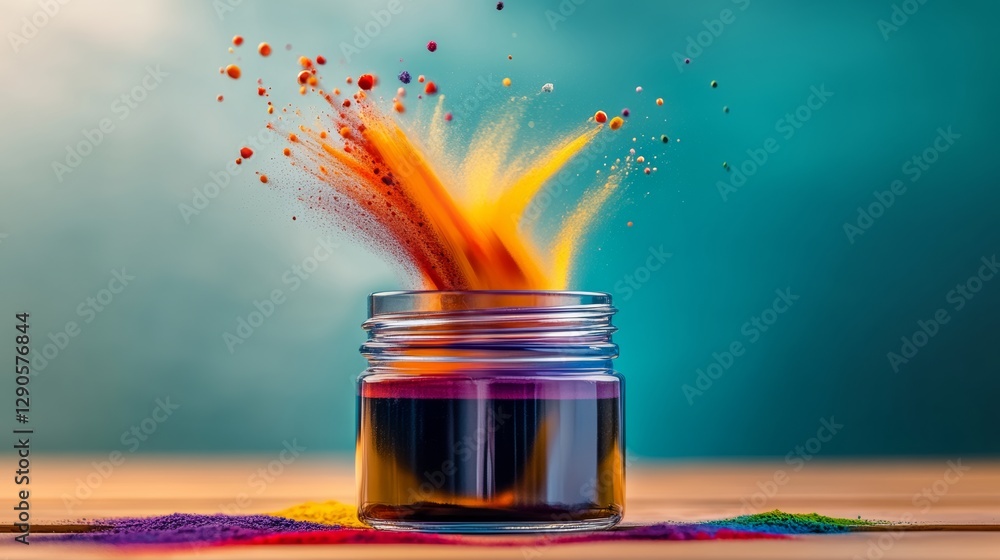 Poster jar of colorful powder is on a table with a blue background. the jar is filled with a mixture of dif