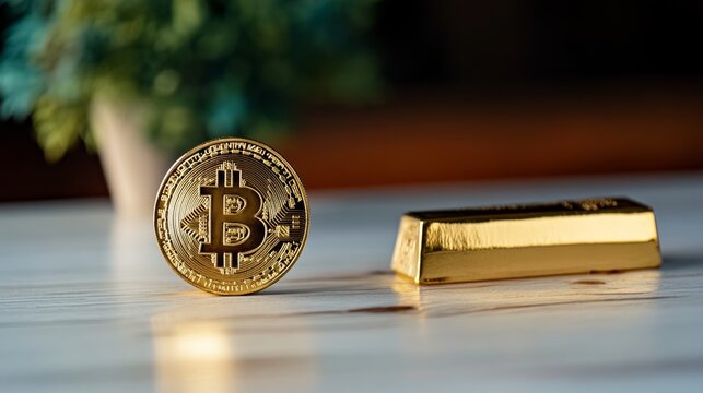 Gold coin with the letter B on it sits on a table next to a gold bar. Concept of wealth and luxury, as the gold coin and bar are both valuable and expensive - Powered by Adobe