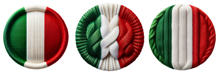 Extreme close-up of a round knitted Italian flag, isolated on transparent or white background. Png. Collection and variation. Made in Italy concept. Generative Ai.