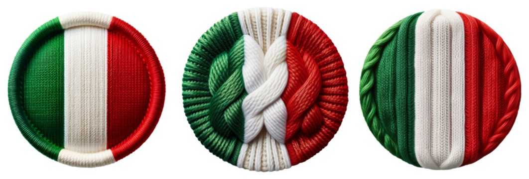 Extreme close-up of a round knitted Italian flag, isolated on transparent or white background. Png. Collection and variation. Made in Italy concept. Generative Ai.
