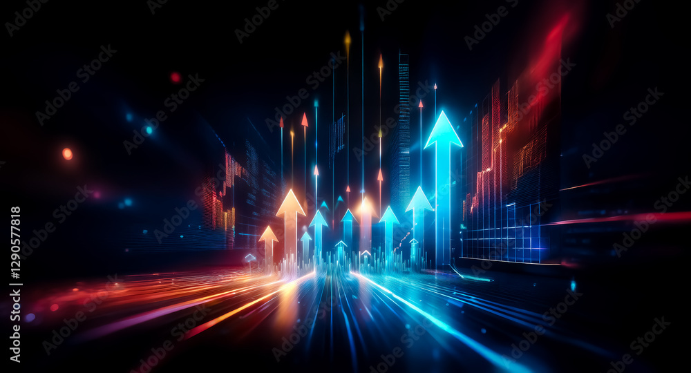 Aufkleber glowing arrows ascend in a dark abstract space, illuminated by vibrant blue and orange light streaks