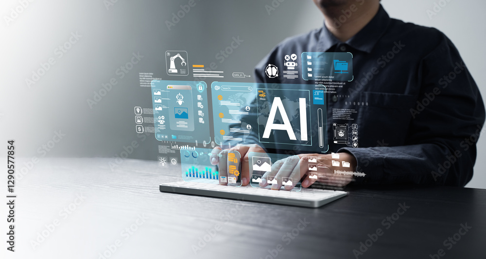 Fototapete ai content creation tools: a man uses a computer with an ai assistant for graphic design, translatio