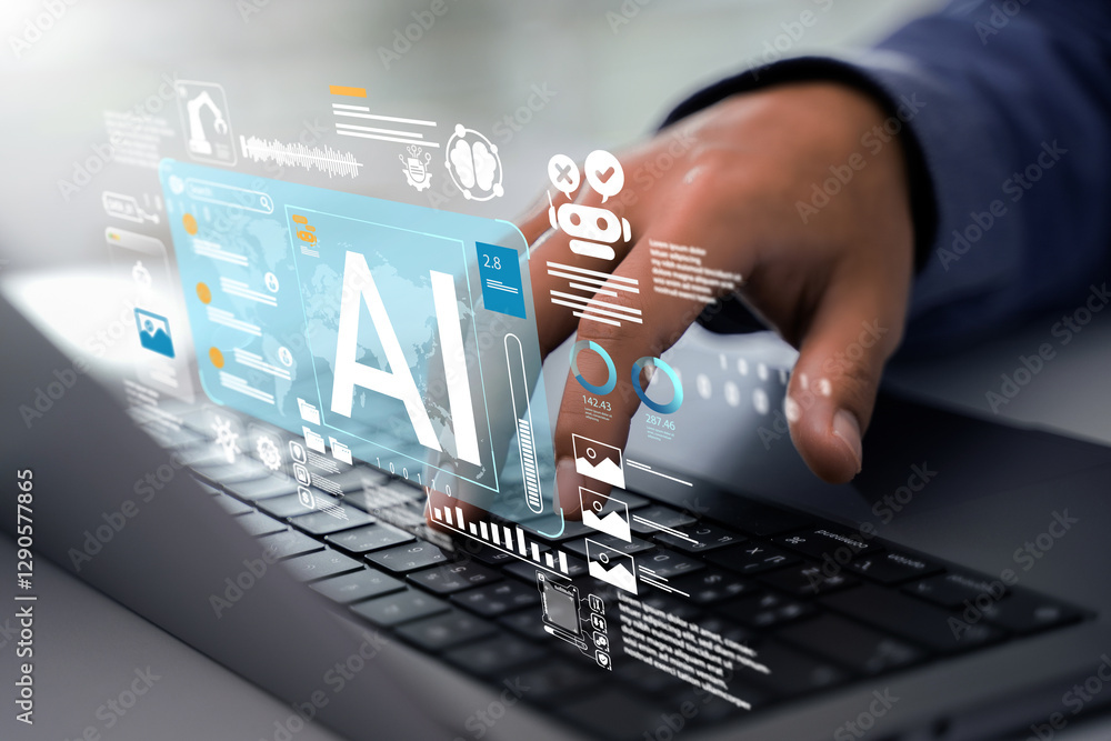 Poster ai content creation tools: a man uses a computer with an ai assistant for graphic design, translatio