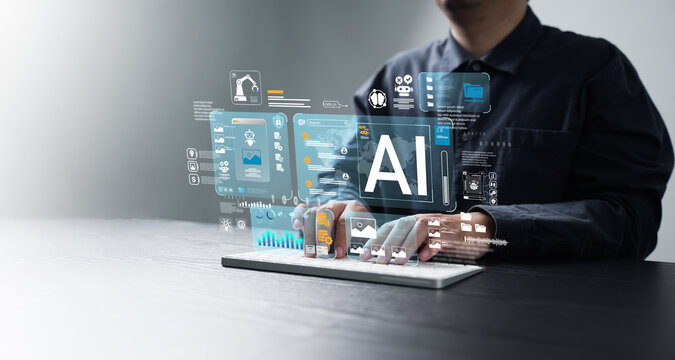AI Content Creation Tools: A man uses a computer with an AI assistant for graphic design, translation, chatbots, image creation, coding, and advertising.