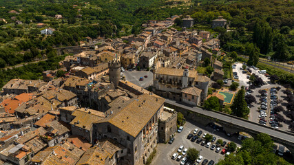 Aerial view of the main square of the town of Bagnaia, in the province of Viterbo, Italy.