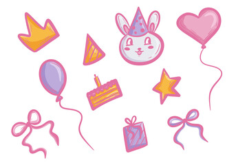 Decorative elements for a joyful birthday celebration featuring playful designs of balloons, cake, and a cheerful bunny with a party hat