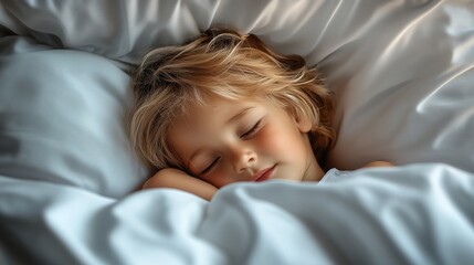 Young child is sleeping in a bed with a white sheet. The child is wearing a white shirt and has blonde hair
