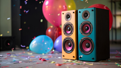 birthday bash music memorable Colorful speakers surrounded by balloons and confetti, creating a festive atmosphere.