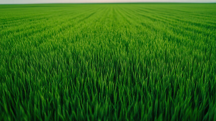 Obraz premium lush green field stretches under daylight, showcasing vibrant grass and agricultural beauty. serene landscape evokes sense of tranquility and connection to nature