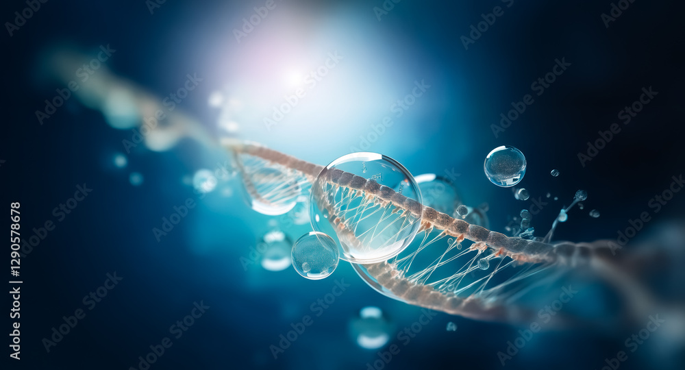 Poster abstract representation of a dna double helix with water droplets, illuminated by a bright light aga