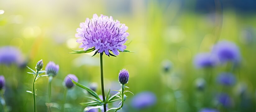 Vibrant purple wildflowers in soft focus with a bright green grassy background illuminated by sunlight creating a serene nature scene - Powered by Adobe