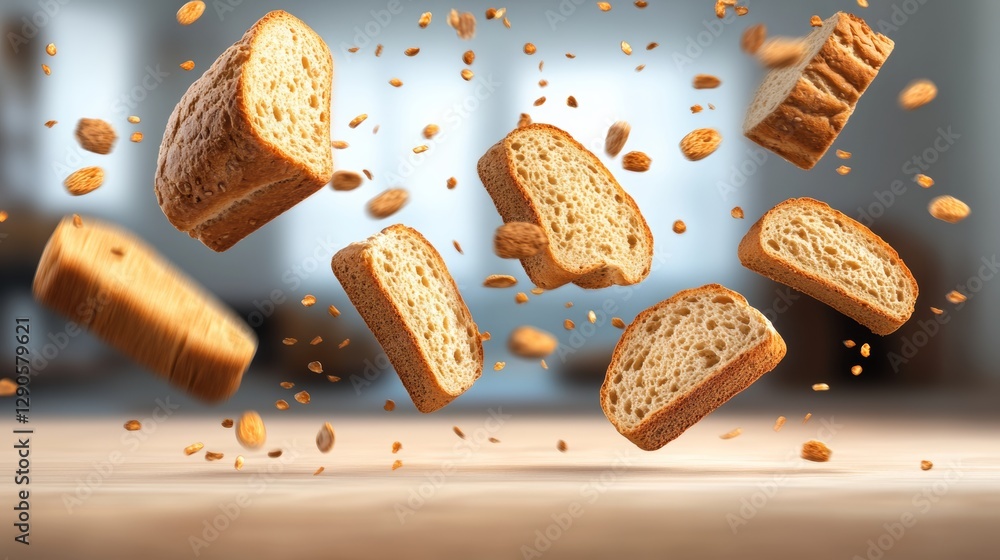 Poster close up of a table with a variety of bread slices scattered across it. the bread slices are in diff