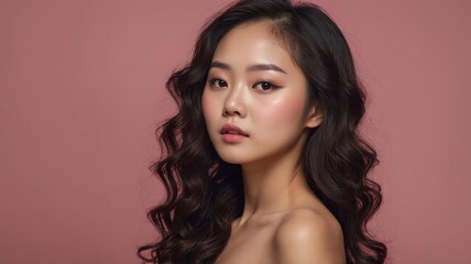 Fototapeta premium Stunning Asian Woman with Long Curly Hair and Soft Makeup
