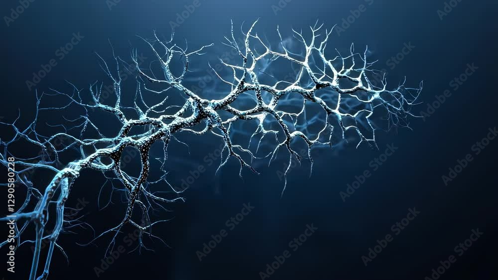 Poster abstract neural network design with glowing lines and nodes, viewed from a low angle. futuristic and