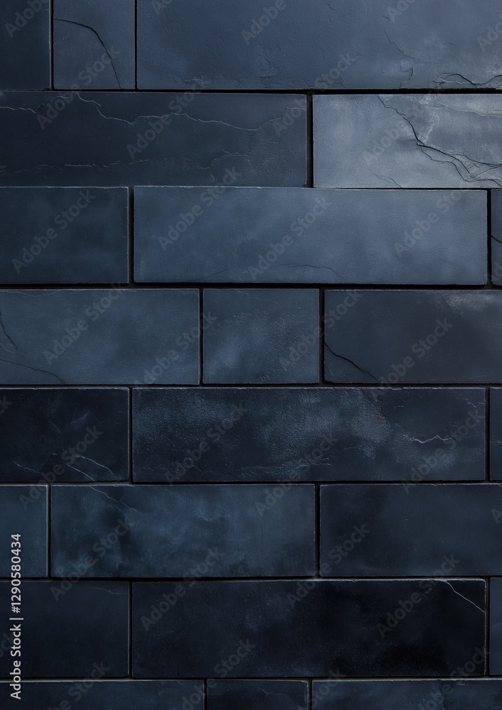 Poster close-up of a wall made of dark blue tiles. the tiles are arranged in a grid-like pattern, with each