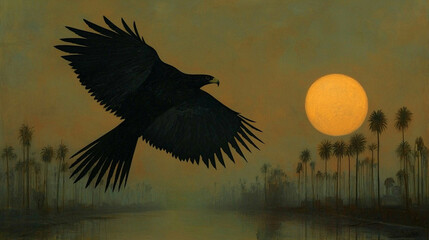 Obraz premium Sky god depicted as a falcon soaring over a tranquil river at sunset with silhouetted palm trees in the background