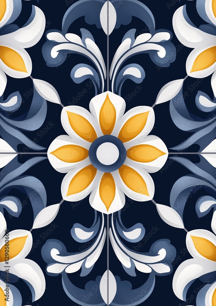 Poster seamless pattern with a blue and white color scheme. the background is a dark blue color with a repe