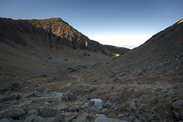 Travel along a marked mountain trail in the High Tatras. Landscape of high mountains.
