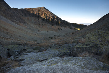 Travel along a marked mountain trail in the High Tatras. Landscape of high mountains.
