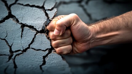 Fist is punching a wall with a crack in it. Concept of power and strength, as the fist is forcefully hitting the wall. The crack in the wall adds a sense of vulnerability and fragility to the scene