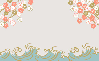 海のある景色　桜　波背景イラスト
