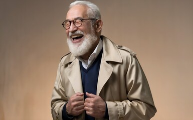 A portrait of an old man laughing ,wrinkles on face, beard, generated by AI