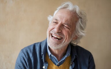A portrait of an old man laughing ,wrinkles on face, beard, generated by AI