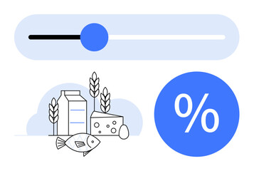 Varied food items thumbs up fish, milk, cheese, egg, and wheat emphasize nutrition. Ideal for health, diet planning, food preferences, nutritional information portion control balanced diet