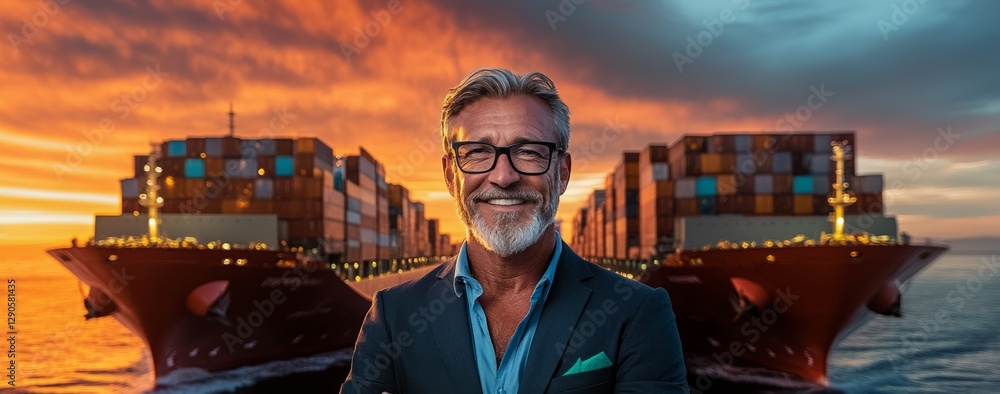 Poster man is smiling in front of two large cargo ships. scene is cheerful and positive