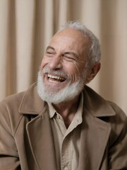 A portrait of an old man laughing ,wrinkles on face, beard, generated by AI