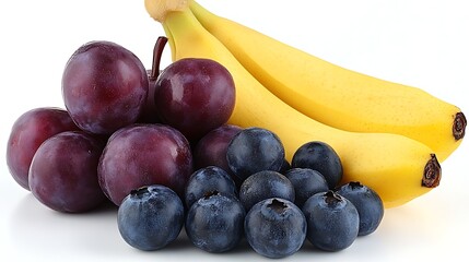 Fresh fruit still life; plums, bananas, blueberries