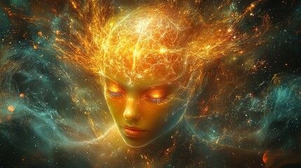 Futuristic mind design featuring brain activity, glowing neurons, and radiant energy pulses