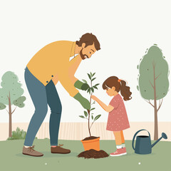 Fototapeta premium A father is planting a tree with his daughter