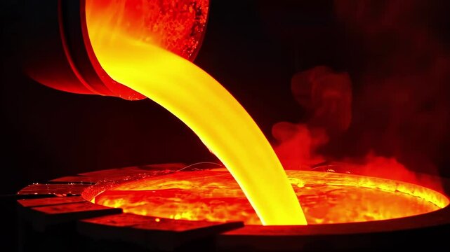 Molten metal being poured into a casting mold, showcasing intense heat and industrial processes