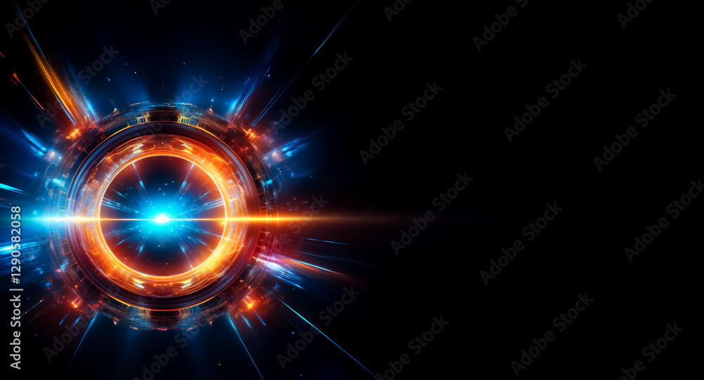 Aufkleber abstract circular energy burst with vibrant blue and orange hues on a dark backdrop. radiating light